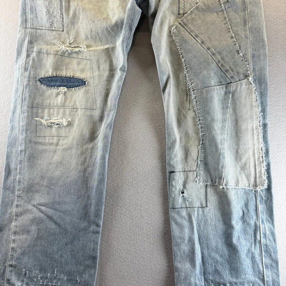 Levis Premium 501 Original Fit Patchwork Distressed Jeans Mens 38x32 Light Wash